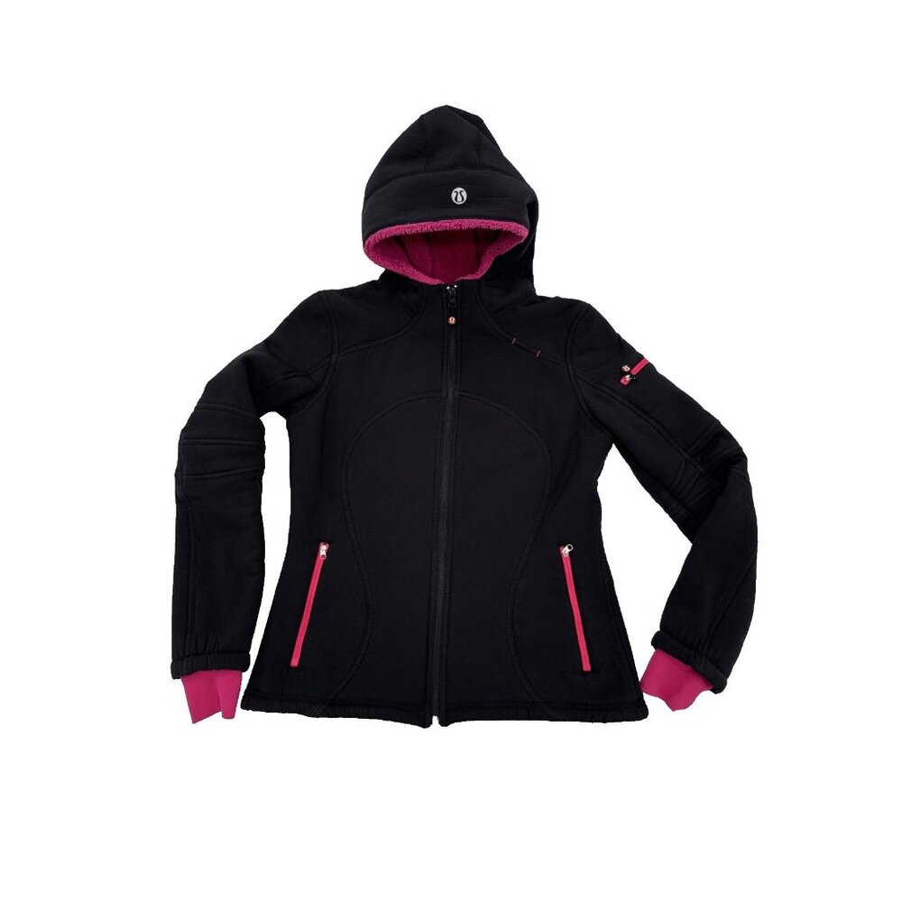 lululemon polartec‎ black & hot pink fleece lined jacket size 6 running dance